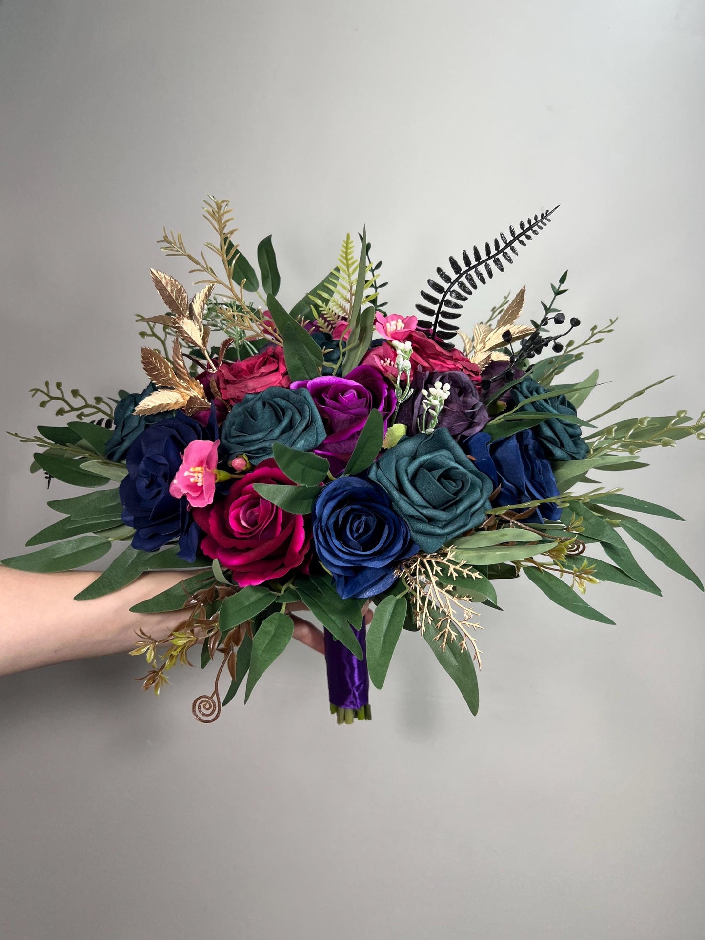 Jewel Tones Wedding Bouquet, Bridal Cascading Navy Hot Pink Bouquet, Cascade Bouquet Fuchsia Teal Blue Purple, Gem Colors Bridesmaids Flower