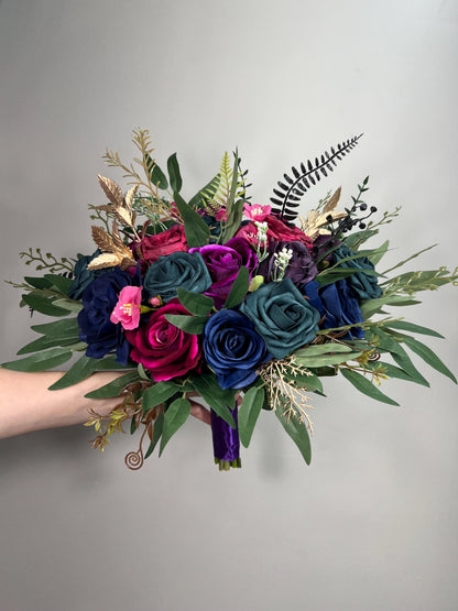 Jewel Tones Wedding Bouquet, Bridal Cascading Navy Hot Pink Bouquet, Cascade Bouquet Fuchsia Teal Blue Purple, Gem Colors Bridesmaids Flower
