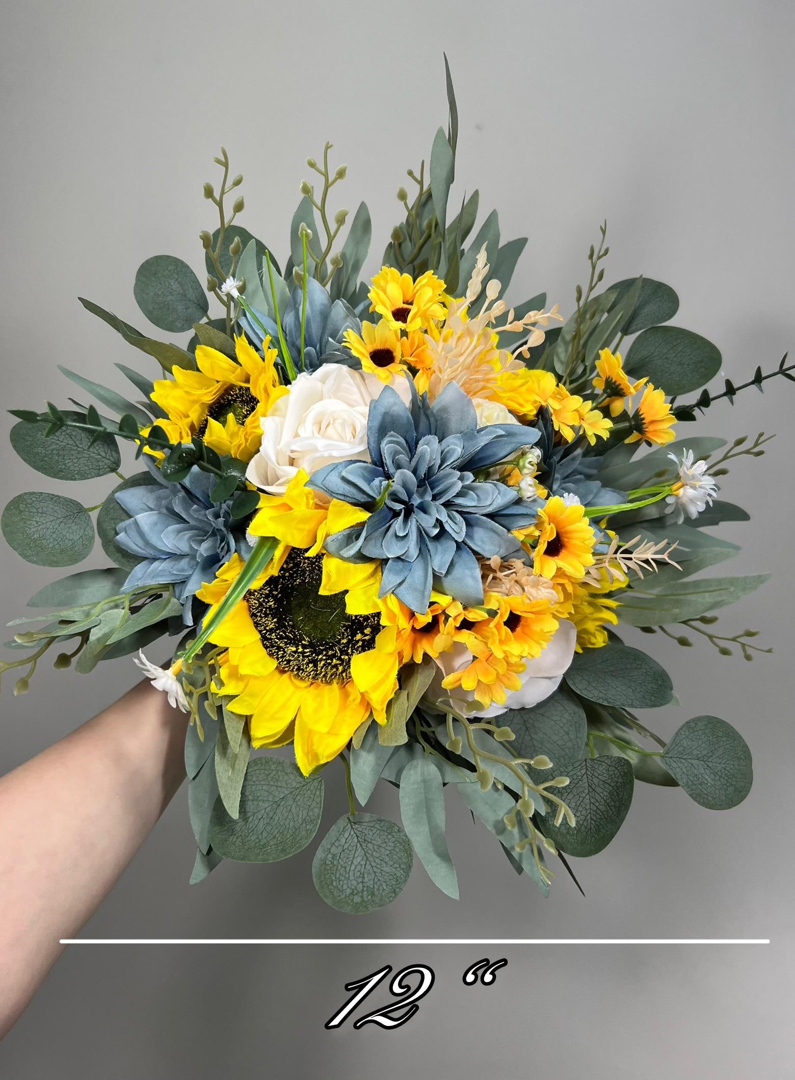 Sunflower Dusty Blue Bouquet Wedding Cascading Sunflower Bridal Bouquet Dusty Blue Cascade Bridesmaids Bouquet Yellow Sunflowers Blue