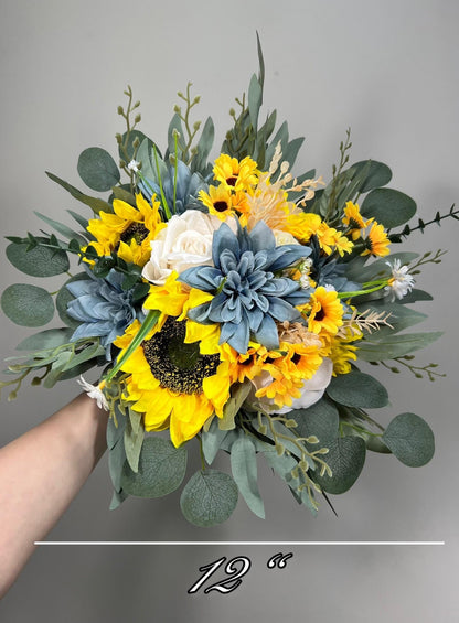 Sunflower Dusty Blue Bouquet Wedding Cascading Sunflower Bridal Bouquet Dusty Blue Cascade Bridesmaids Bouquet Yellow Sunflowers Blue