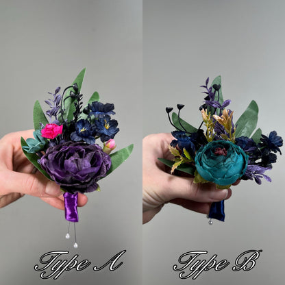Jewel Tone Corsage Wedding Teal Navy Blue Wrist Cosage Plum Magenta Corsage Bridesmaids Purple Dark Teal Fuchsia Corsage Prom Dark Blue