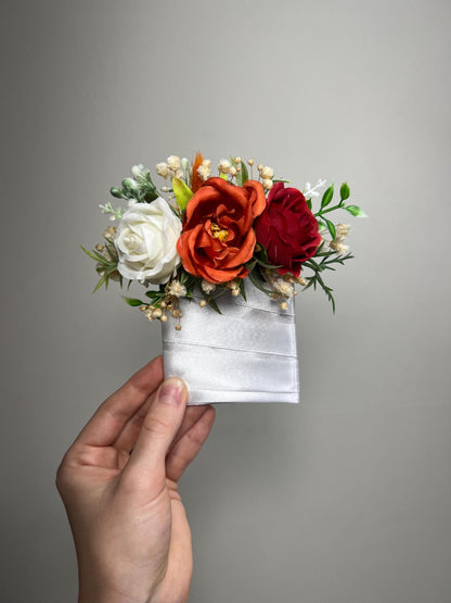 Wedding Pocket Boutonniere Terracotta Groom Boutonnière Square Groomsmen Rust White Burnt Orange Ivory Boutonniere Red Artificial Flowers
