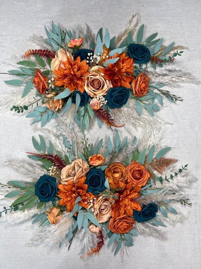 Rust Teal Arch Arrangement Boho Terracotta Dark Teal Wedding Arbor Arrangement Pampas Grass Burnt Orange Teal Blue Arch Arrangement Teal
