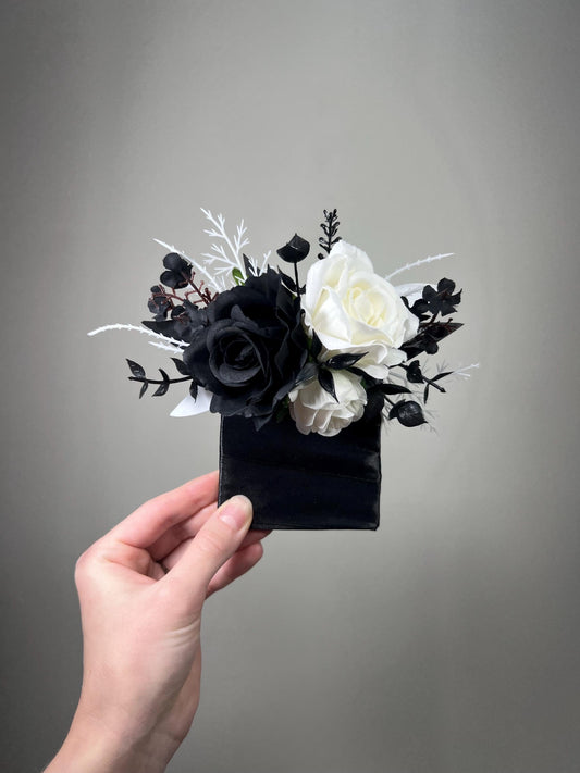 Black White Pocket Boutonniere Wedding White and Black Square Boutonnière Groom Black Ivory Groomsmen Pocket Boutonniere Prom Artificial