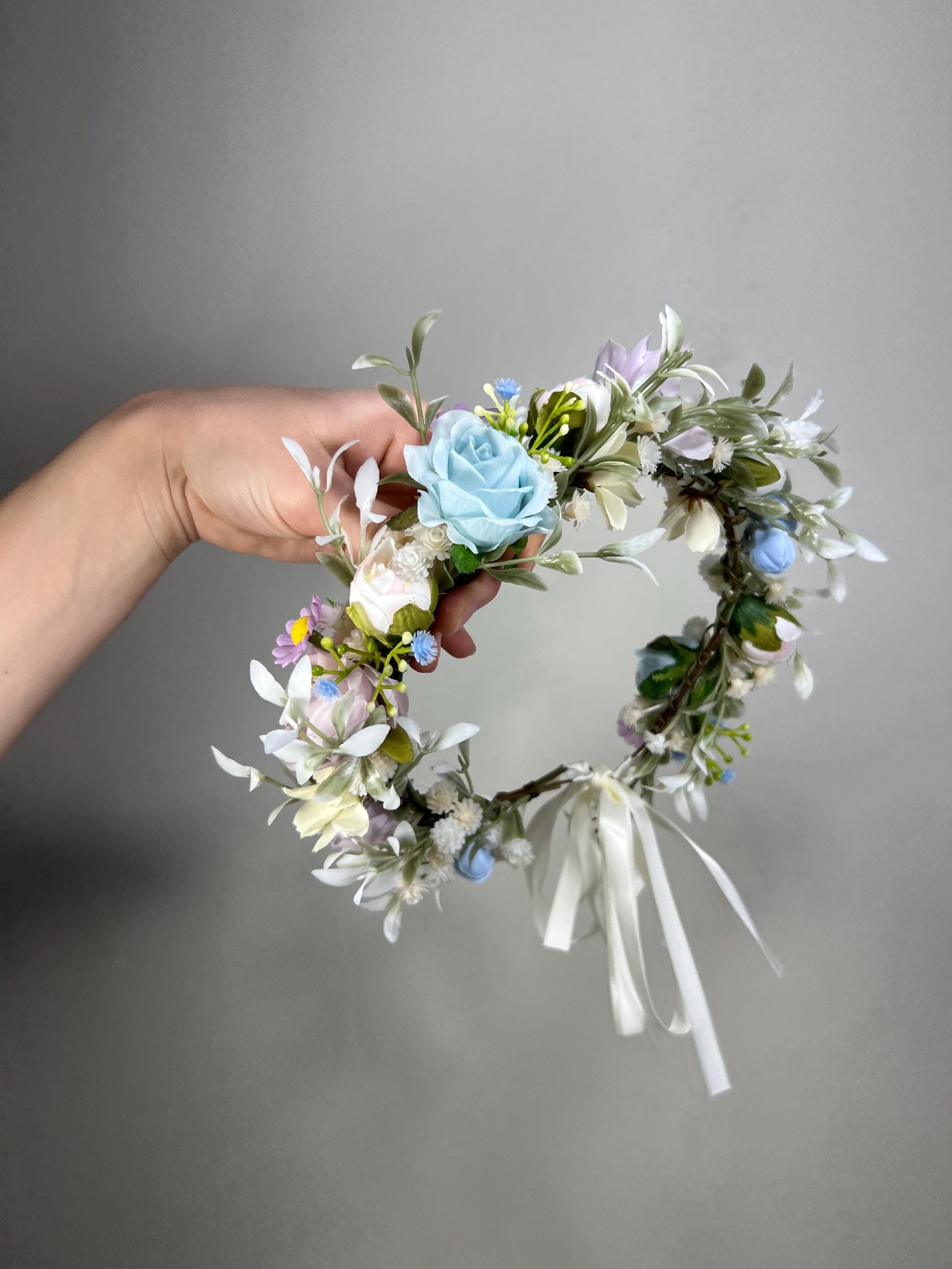 Wedding Flower Crown Blue Lavender White Flower Artificial Crown Wild Flowers Lilac Bridal Headbank Blue Wreath Crown Hair Summer