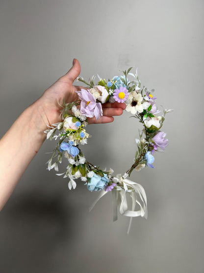 Wedding Flower Crown Blue Lavender White Flower Artificial Crown Wild Flowers Lilac Bridal Headbank Blue Wreath Crown Hair Summer