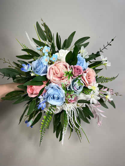 Blue Pink Bouquet Wedding Bridal Bouquet Sky Blue White Bouquet Bridesmaids Blush Blue Bouquet Wild Flowers Pink Blue Artificial Flower