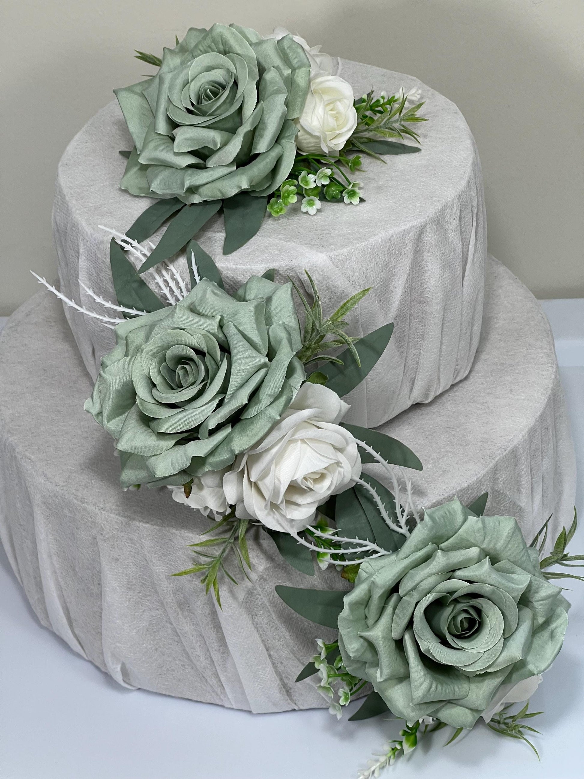 Sage Green Cake Decor Flower Wedding White Dusty Sage Green Cake Arrangement Flower Artificial Ivory Sage Green Baby Breath Eucalyptus