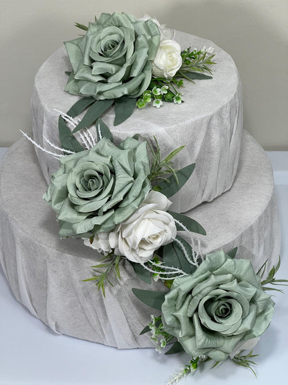 Sage Green Cake Decor Flower Wedding White Dusty Sage Green Cake Arrangement Flower Artificial Ivory Sage Green Baby Breath Eucalyptus