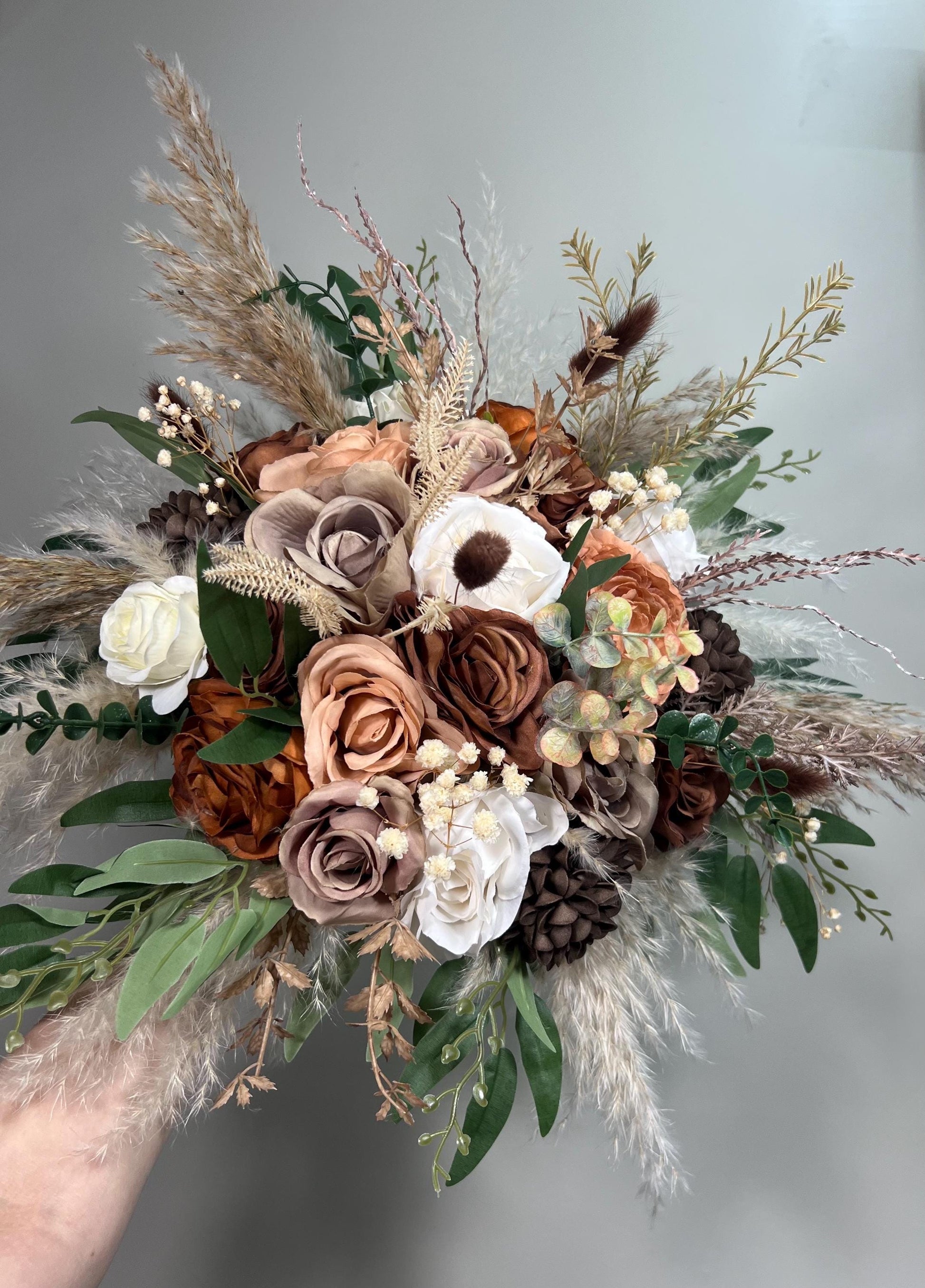 Brown Bouquet Wedding Bridal Tan White Bouquet Boho Taupe Bridesmaids Bouquet Pampas Grass White Terracotta Baby Breath Cinnamon Eucalyptus