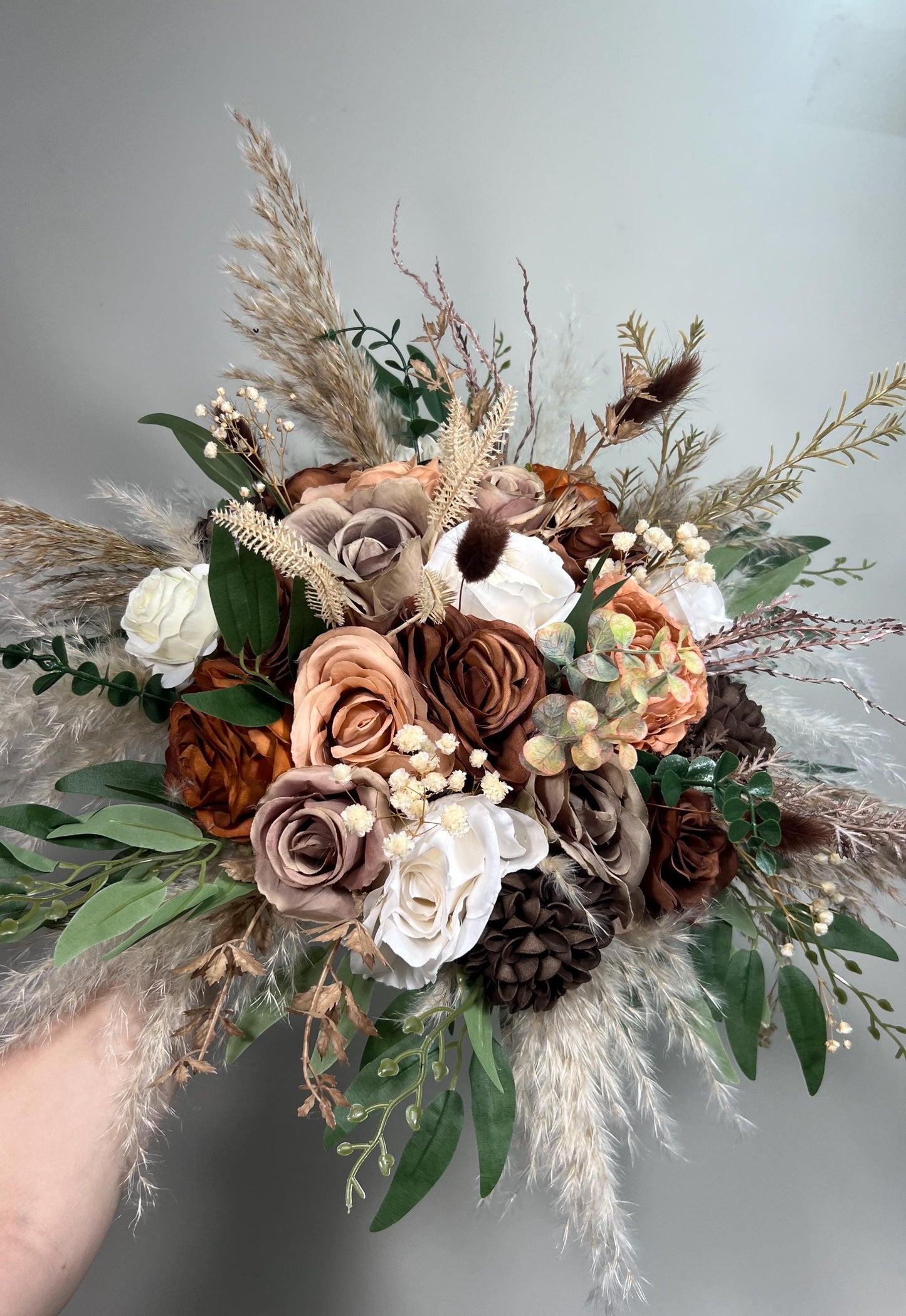 Brown Bouquet Wedding Bridal Tan White Bouquet Boho Taupe Bridesmaids Bouquet Pampas Grass White Terracotta Baby Breath Cinnamon Eucalyptus