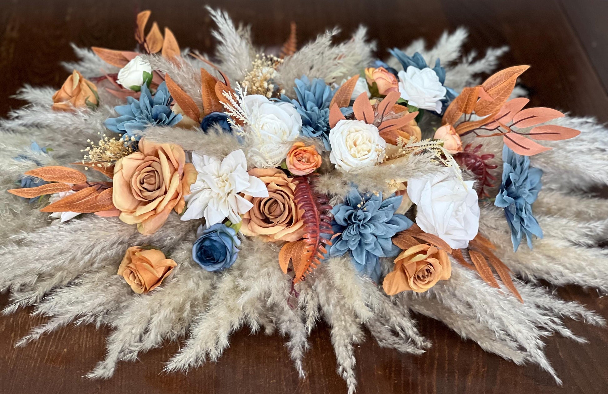 Wedding Sweetheart Dusty Blue Terracotta White Burnt Orange Centerpiece Boho Table Decor Blue Rust Pampas Grass Table Centerpiece Orange