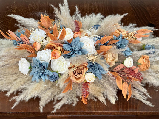 Wedding Sweetheart Dusty Blue Terracotta White Burnt Orange Centerpiece Boho Table Decor Blue Rust Pampas Grass Table Centerpiece Orange