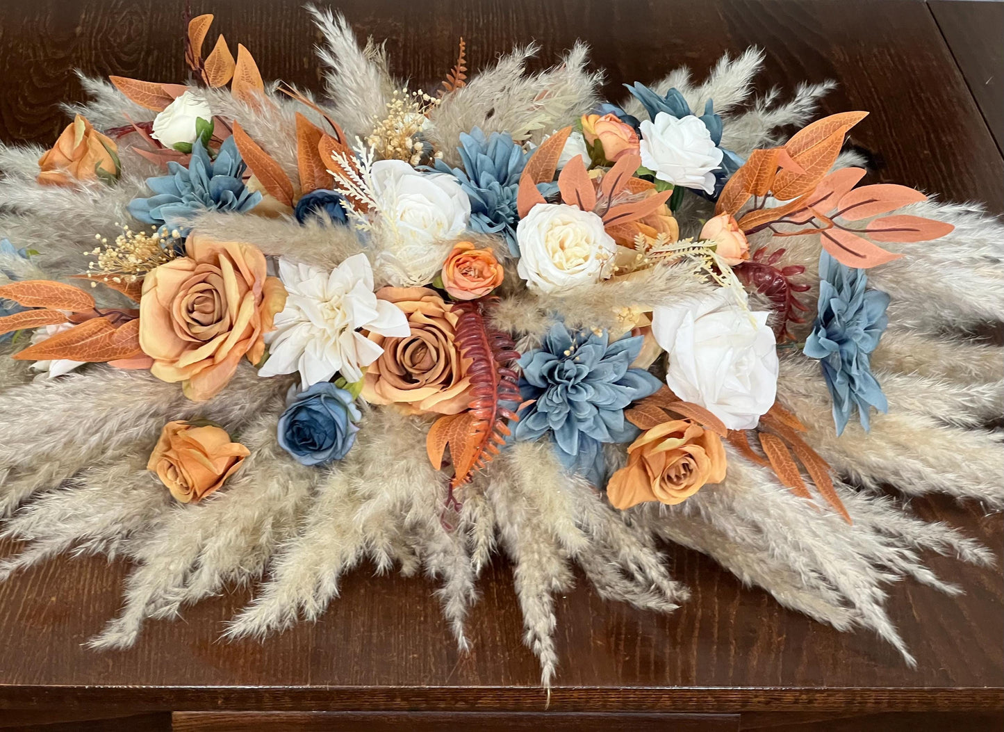 Wedding Sweetheart Dusty Blue Terracotta White Burnt Orange Centerpiece Boho Table Decor Blue Rust Pampas Grass Table Centerpiece Orange