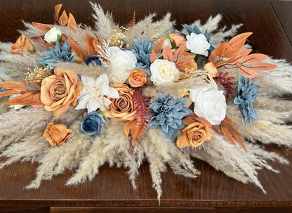 Wedding Sweetheart Dusty Blue Terracotta White Burnt Orange Centerpiece Boho Table Decor Blue Rust Pampas Grass Table Centerpiece Orange