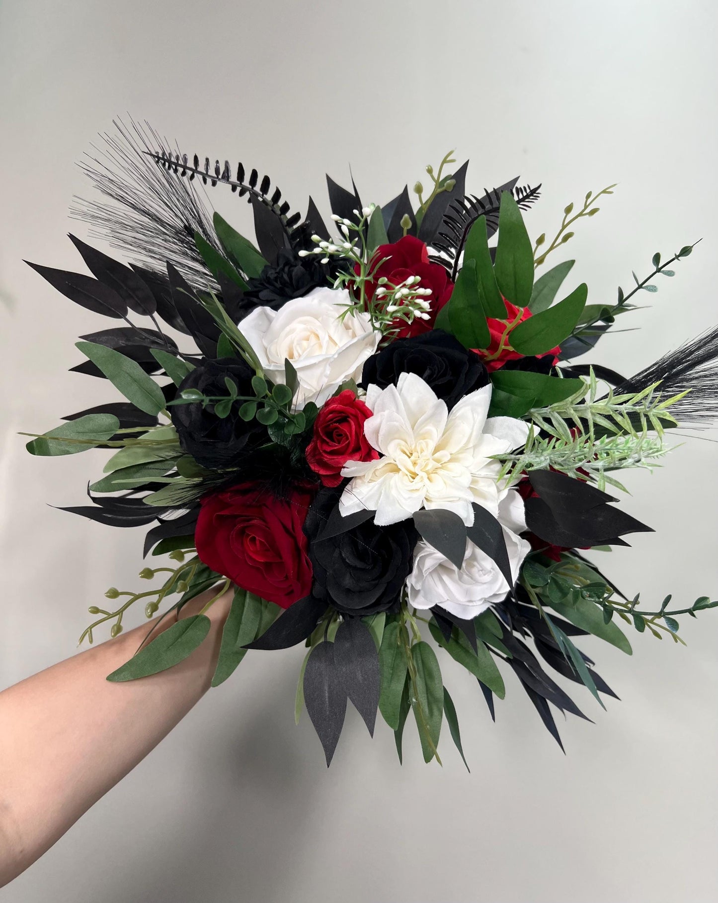 Black Red Bouquet White Wedding Bridal Gothic Bridesmaids Bouquet Dark Red Black Ivory Eucalyptus Baby Breath Artificial Flowers