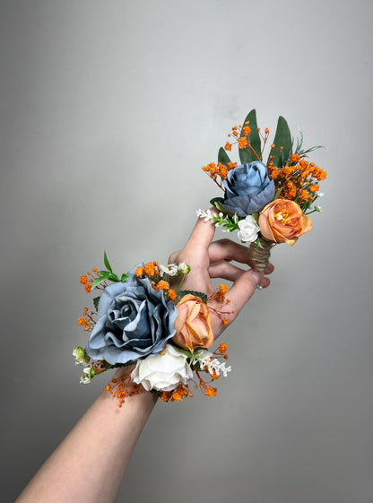 Dusty Blue Orange Corsage Wedding Blue Terracotta Wrist Corsage Dusty Blue Burnt Orange Corsage Bridesmaids White Blue Orange Mom Corsage