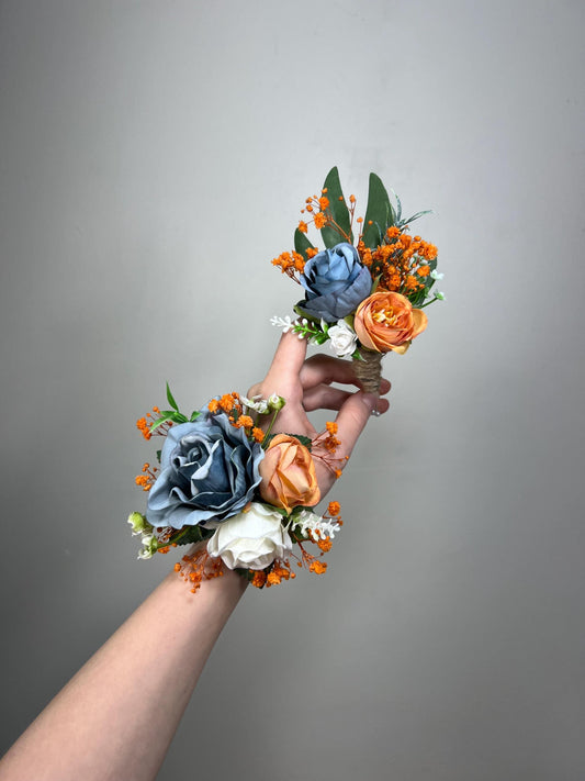 Dusty Blue Orange Corsage Wedding Blue Terracotta Wrist Corsage Dusty Blue Burnt Orange Corsage Bridesmaids White Blue Orange Mom Corsage