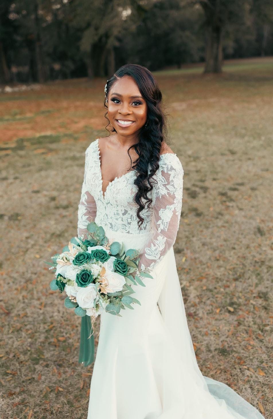 Emerald Green Bouquet Bridal Cascade White Hunter Green Bridesmaids Bouquet Emerald Green Forest Ivory Cascading Bouquet Gold Artificial