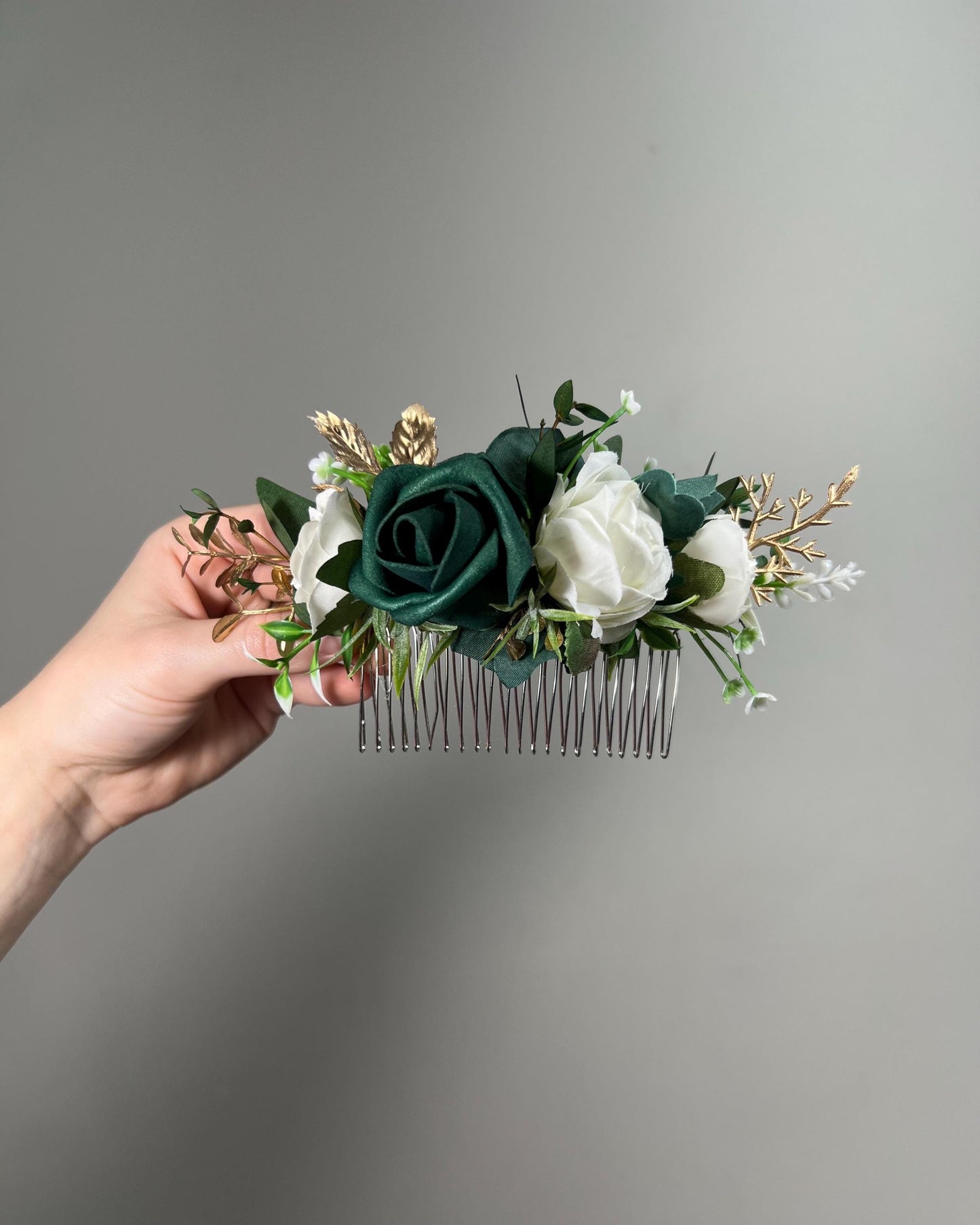 Emerald Green Hair Comb Wedding Forest Green Gold Accessories Hair Comb Ivory Emerald Green Headpiece Floral Hair Comb Artiticial Flower