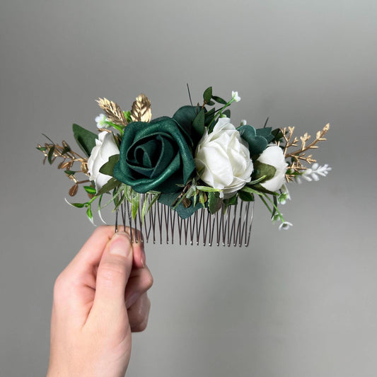 Emerald Green Hair Comb Wedding Forest Green Gold Accessories Hair Comb Ivory Emerald Green Headpiece Floral Hair Comb Artiticial Flower