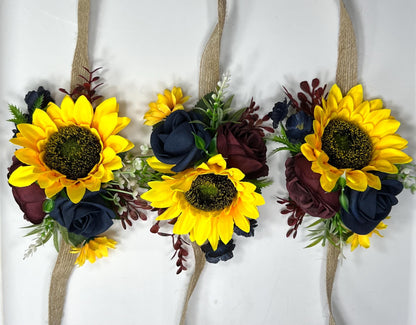 Sunflowers Corsage Wedding Burgundy Navy Blue Sunflower Corsage Wrist Bridesmaids Sunflowers Corsage Maroon Navy Blue Dark Corsage Fall