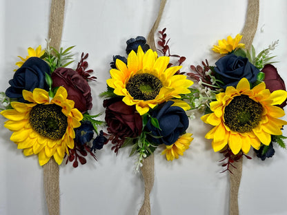 Sunflowers Corsage Wedding Burgundy Navy Blue Sunflower Corsage Wrist Bridesmaids Sunflowers Corsage Maroon Navy Blue Dark Corsage Fall