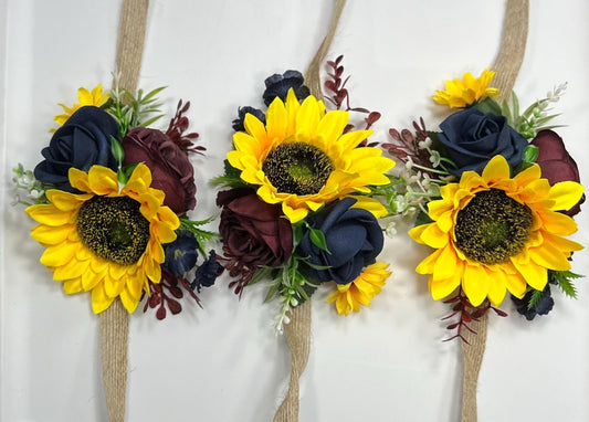 Sunflowers Corsage Wedding Burgundy Navy Blue Sunflower Corsage Wrist Bridesmaids Sunflowers Corsage Maroon Navy Blue Dark Corsage Fall