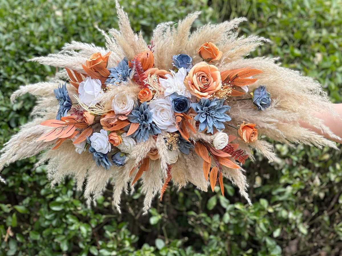Dusty Blue Orange Arch Arrangement Wedding Boho Terracotta Dusty Blue Arbor Arrangement Pampas Grass Burnt Orange Blue Rust Backdrop Flowers