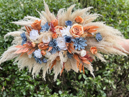 Dusty Blue Orange Arch Arrangement Wedding Boho Terracotta Dusty Blue Arbor Arrangement Pampas Grass Burnt Orange Blue Rust Backdrop Flowers