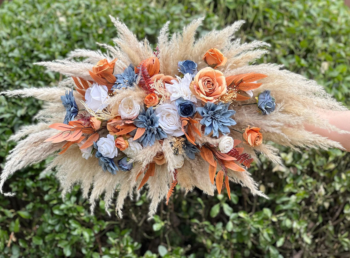 Dusty Blue Orange Arch Arrangement Wedding Boho Terracotta Dusty Blue Arbor Arrangement Pampas Grass Burnt Orange Blue Rust Background Decor