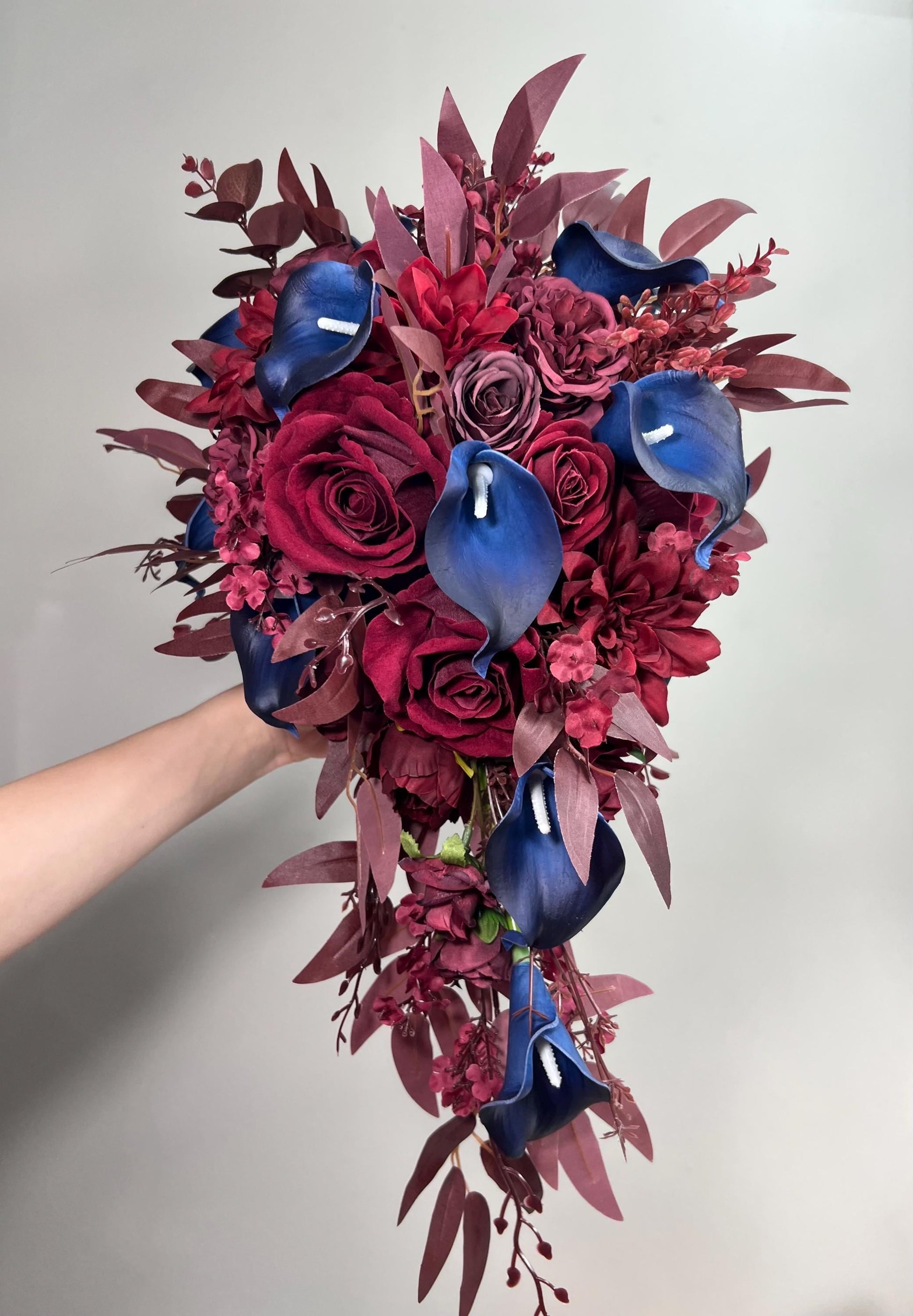 Burgundy Navy Blue Bouquet Wedding Cascade Bouquet Bridal Burgundy Navy Blue Calla Lily Bouquet Cascading Bouquet Maroon Dark Blue Wine Red