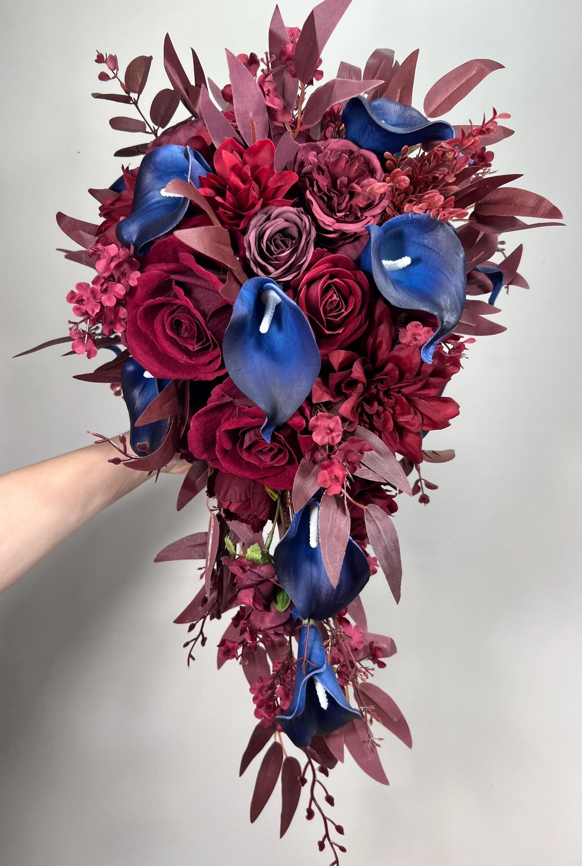 Burgundy Navy Blue Bouquet Wedding Cascade Bouquet Bridal Burgundy Navy Blue Calla Lily Bouquet Cascading Bouquet Maroon Dark Blue Wine Red