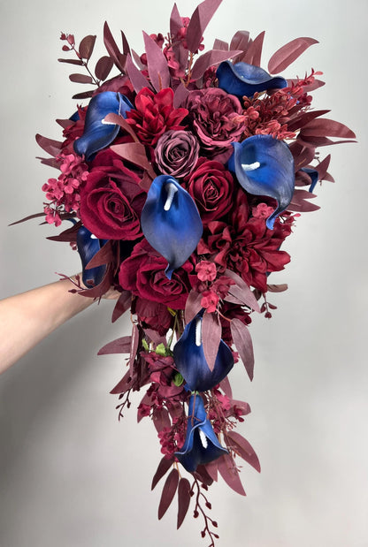 Burgundy Navy Blue Bouquet Wedding Cascade Bouquet Bridal Burgundy Navy Blue Calla Lily Bouquet Cascading Bouquet Maroon Dark Blue Wine Red