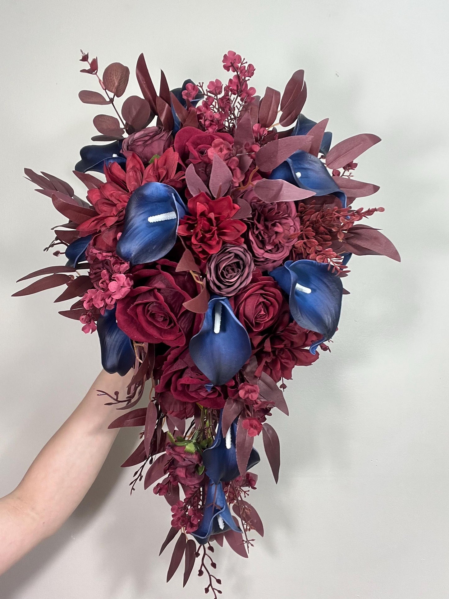 Burgundy Navy Blue Bouquet Wedding Cascade Bouquet Bridal Burgundy Navy Blue Calla Lily Bouquet Cascading Bouquet Maroon Dark Blue Wine Red