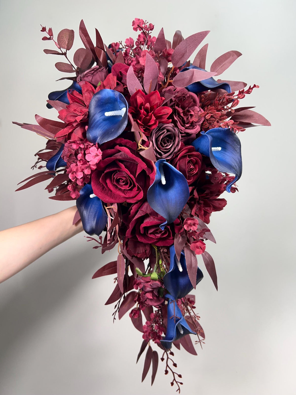 Burgundy Navy Blue Bouquet Wedding Cascade Bouquet Bridal Burgundy Navy Blue Calla Lily Bouquet Cascading Bouquet Maroon Dark Blue Wine Red