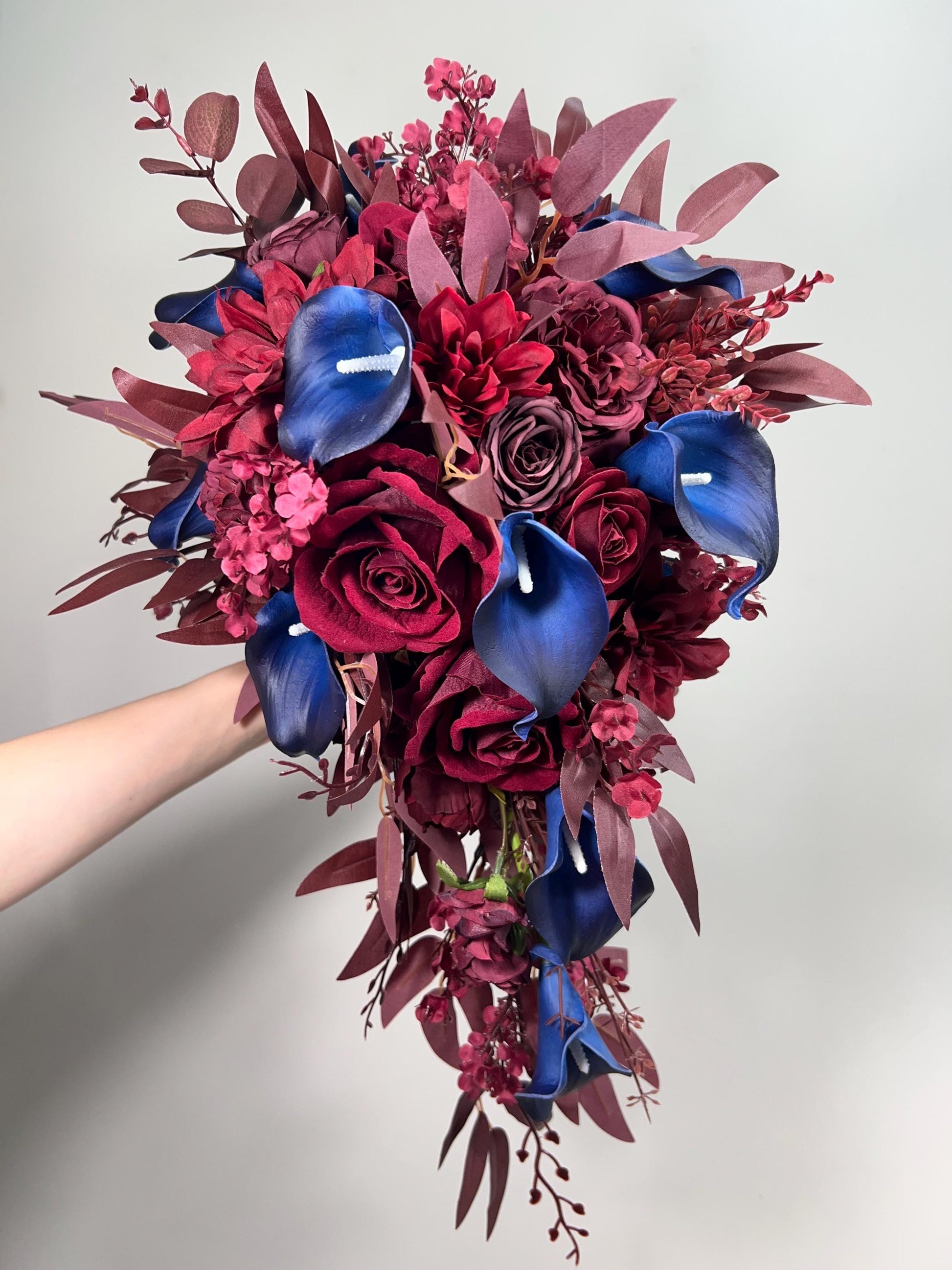 Burgundy Navy Blue Bouquet Wedding Cascade Bouquet Bridal Burgundy Navy Blue Calla Lily Bouquet Cascading Bouquet Maroon Dark Blue Wine Red