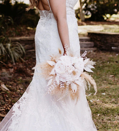 Wedding Bouquet Boho White Bridal Bouquet Pampas Grass Ivory Bridesmaids White Bouquet Decor Fern White Artificial Flower Dried White Rose
