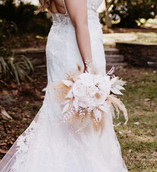 Wedding Bouquet Boho White Bridal Bouquet Pampas Grass Ivory Bridesmaids White Bouquet Decor Fern White Artificial Flower Dried White Rose