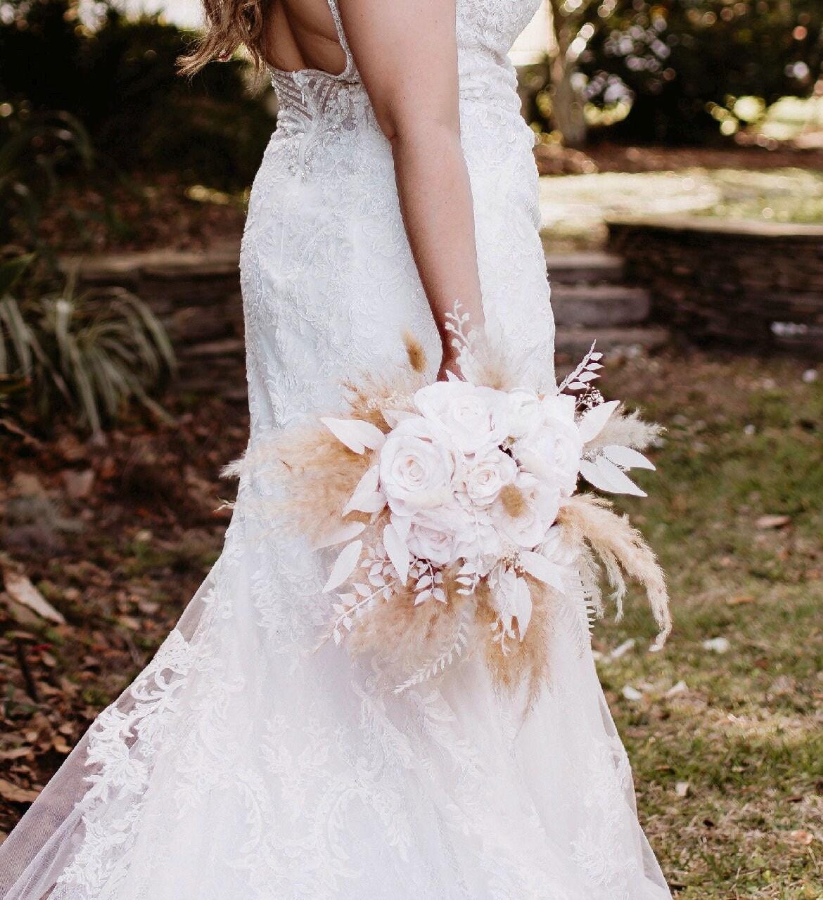 Wedding Bouquet Boho White Bridal Bouquet Pampas Grass Ivory Bridesmaids White Bouquet Decor Fern White Artificial Flower Dried White Rose