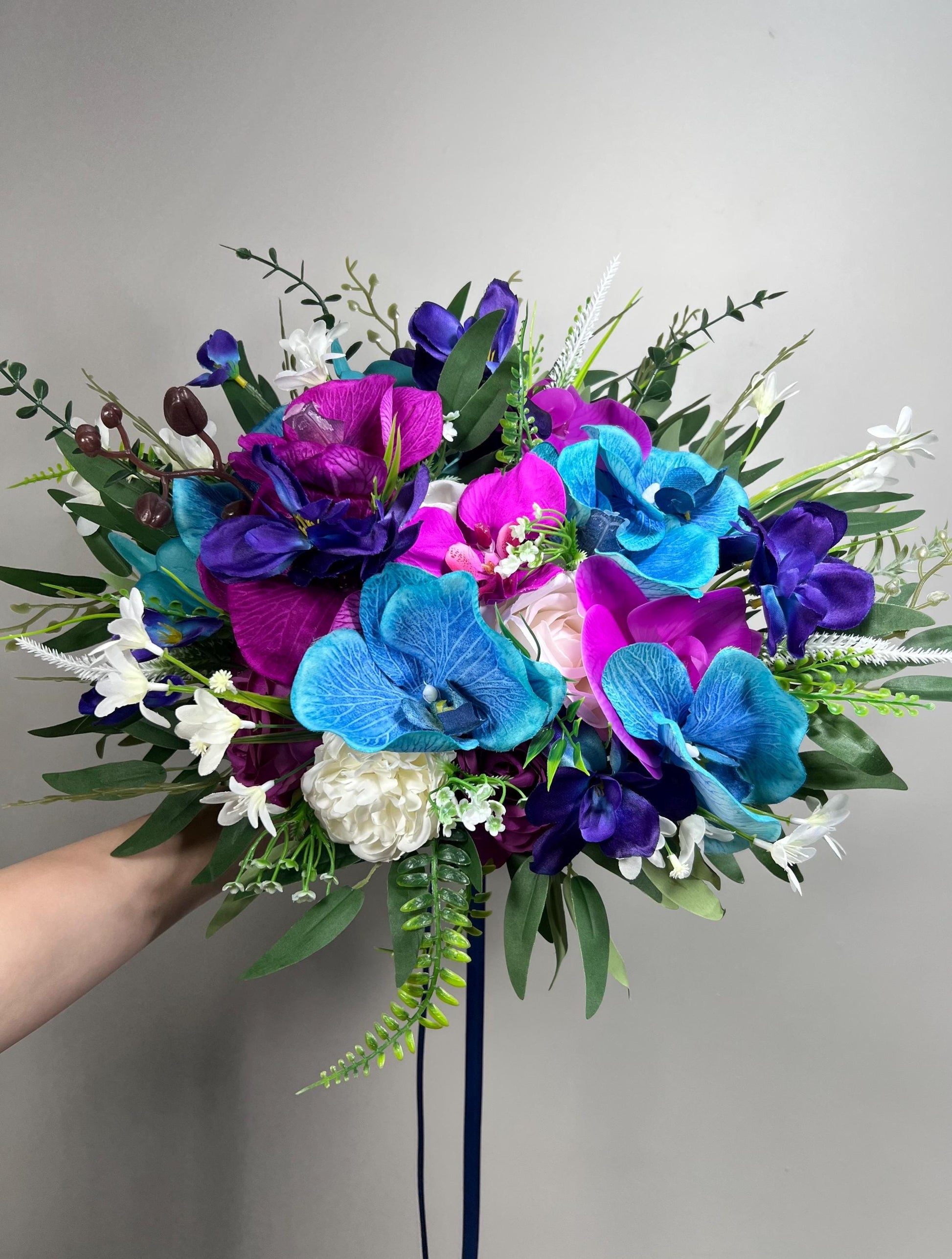 Jewel Tones Bouquet Bridal Teal Pink Wedding Bouquet Turquoise Magenta White Bouquet Orchid Calla Galaxy Blue Bouquet Tropical Artificial