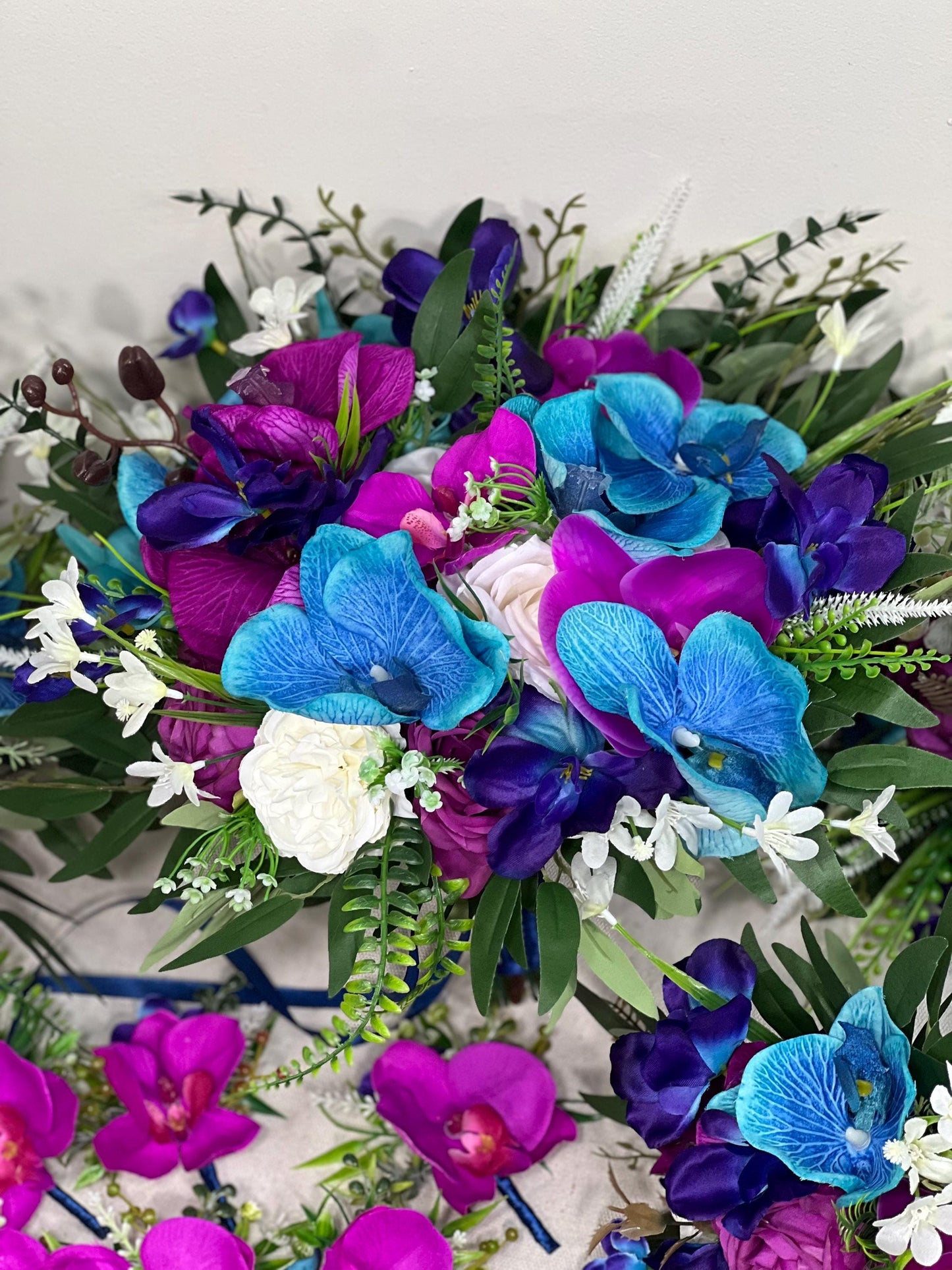 Jewel Tones Bouquet Bridal Teal Pink Wedding Bouquet Turquoise Magenta White Bouquet Orchid Calla Galaxy Blue Bouquet Tropical Artificial