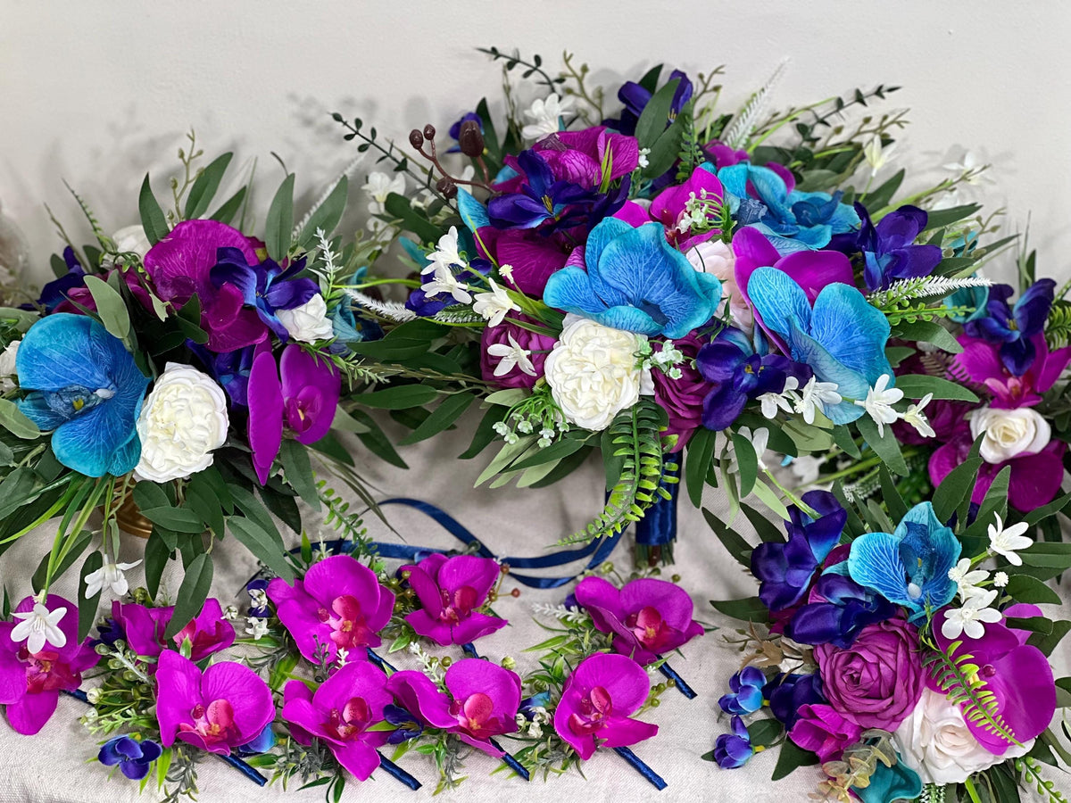 Jewel Tones Bouquet Bridal Teal Pink Wedding Bouquet Turquoise Magenta White Bouquet Orchid Calla Galaxy Blue Bouquet Tropical Artificial