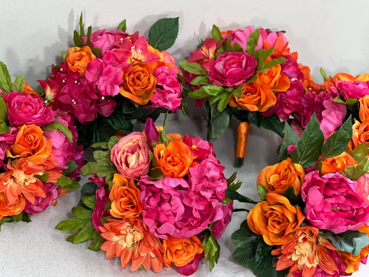Fuchsia Orange Bouquet Bridal Wedding Hot Pink Burnt Orange Bouquet Bridesmaids Magenta Orange Tropical Bouquet Greenery Artificial Flower
