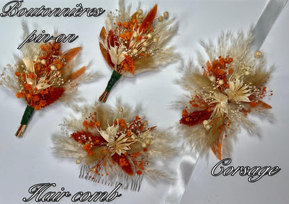 Burnt Orange Boutonnière Wedding Terracotta Boho Boutonniere Groom Baby Breath Rust Boutonnière Pampas Grass Beige Dried Flowers