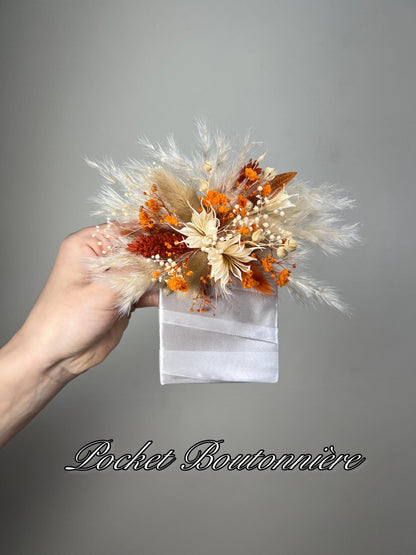 Rust Pocket Boutonnière Wedding Burnt Orange Boho Pocket Boutonniere Groom Baby Breath Terracotta Square Boutonnière Pampas Grass Artificial