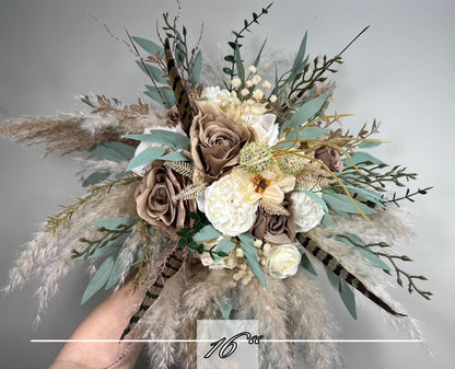 Brown Bouquet Wedding Bridal Taupe Bouquet Boho Pheasant Feathers Brown Bridesmaids Bouquet Pampas Grass White Brown Baby Breath Eucalyptus