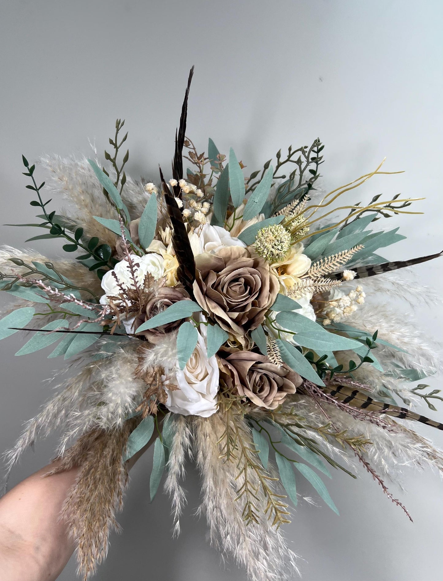 Brown Bouquet Wedding Bridal Taupe Bouquet Boho Pheasant Feathers Brown Bridesmaids Bouquet Pampas Grass White Brown Baby Breath Eucalyptus