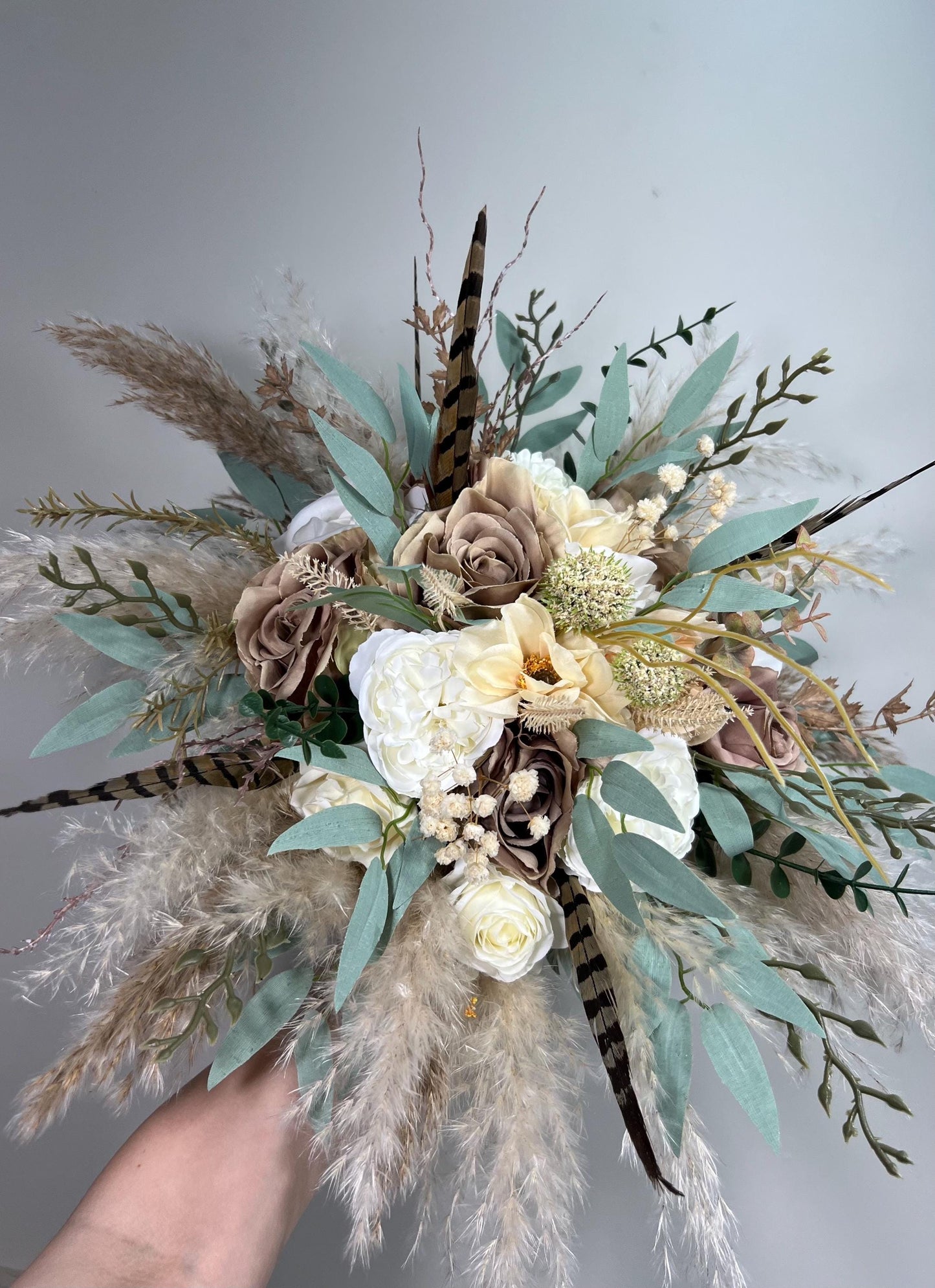Brown Bouquet Wedding Bridal Taupe Bouquet Boho Pheasant Feathers Brown Bridesmaids Bouquet Pampas Grass White Brown Baby Breath Eucalyptus