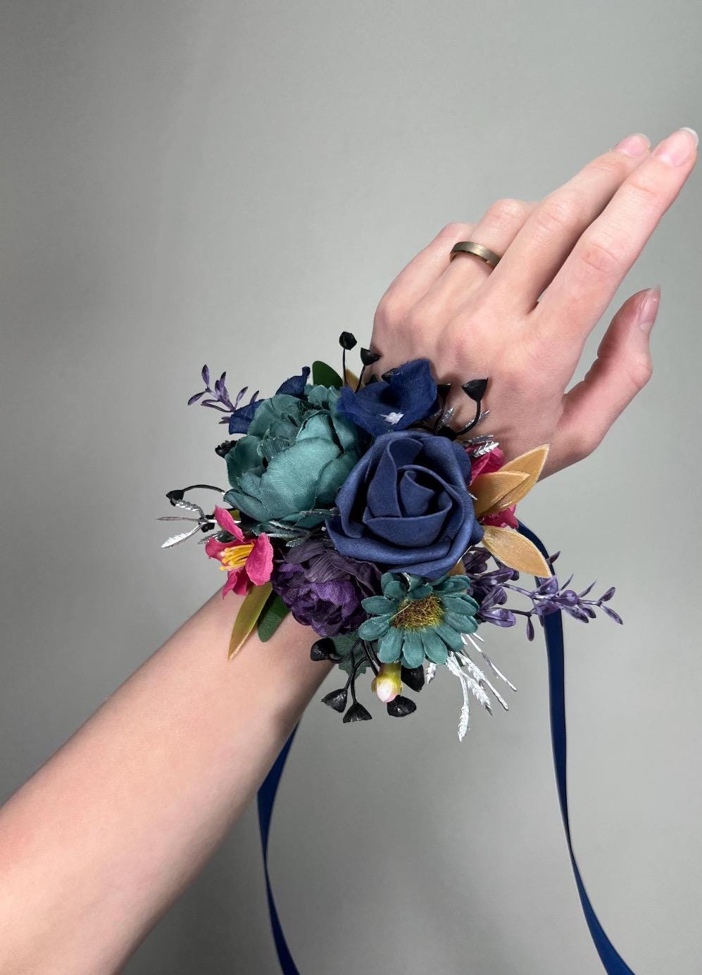 Jewel Tones Wedding Bouquet, Bridal Cascading Navy Hot Pink Bouquet, Cascade Bouquet Fuchsia Teal Blue Purple, Gem Colors Bridesmaids Flower